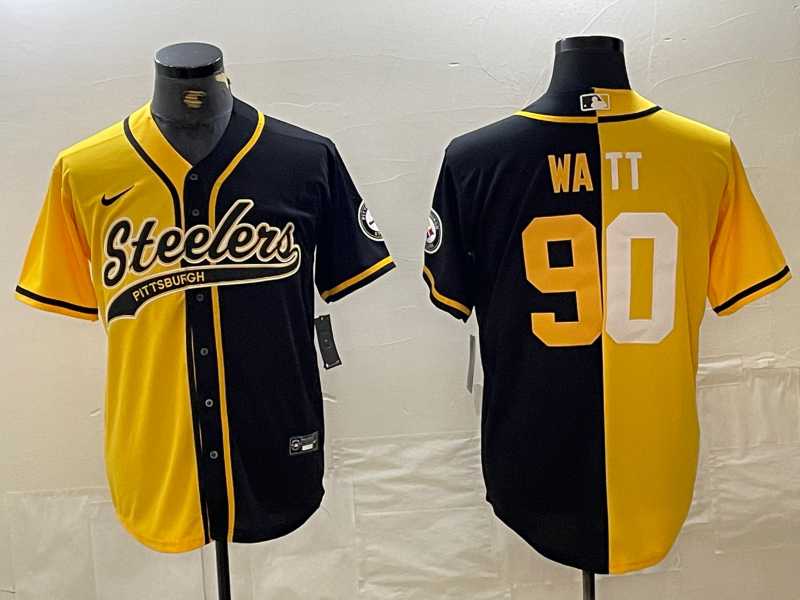 Mens Pittsburgh Steelers #90 TJ Watt Yellow Black Split With Patch Cool Base Stitched Baseball Jersey Dzhi